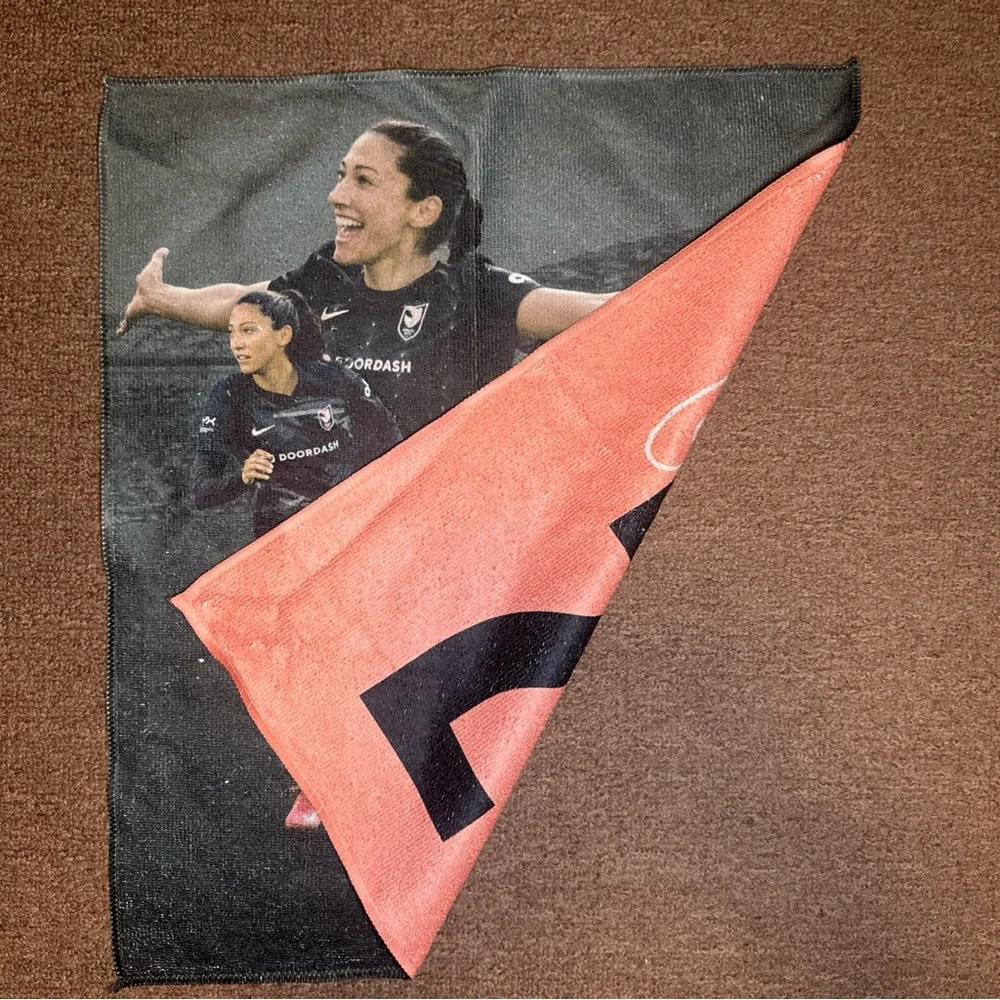 Angel City Football Club Black Soccer towel. Fan giveaway at BMO stadium.